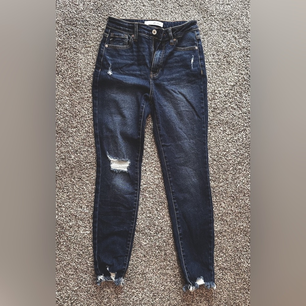 KanCan Distressed Skinny Jeans Size 26/5 Raw Hem
Never worn
Dark navy wash